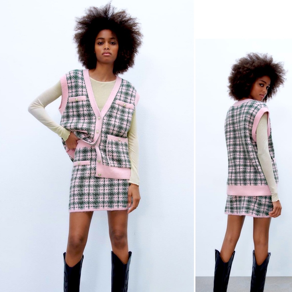 ZARA || 2-Piece/ Knit Vest + Skirt Set in Pink Plaid w/ Pearl Button Detail